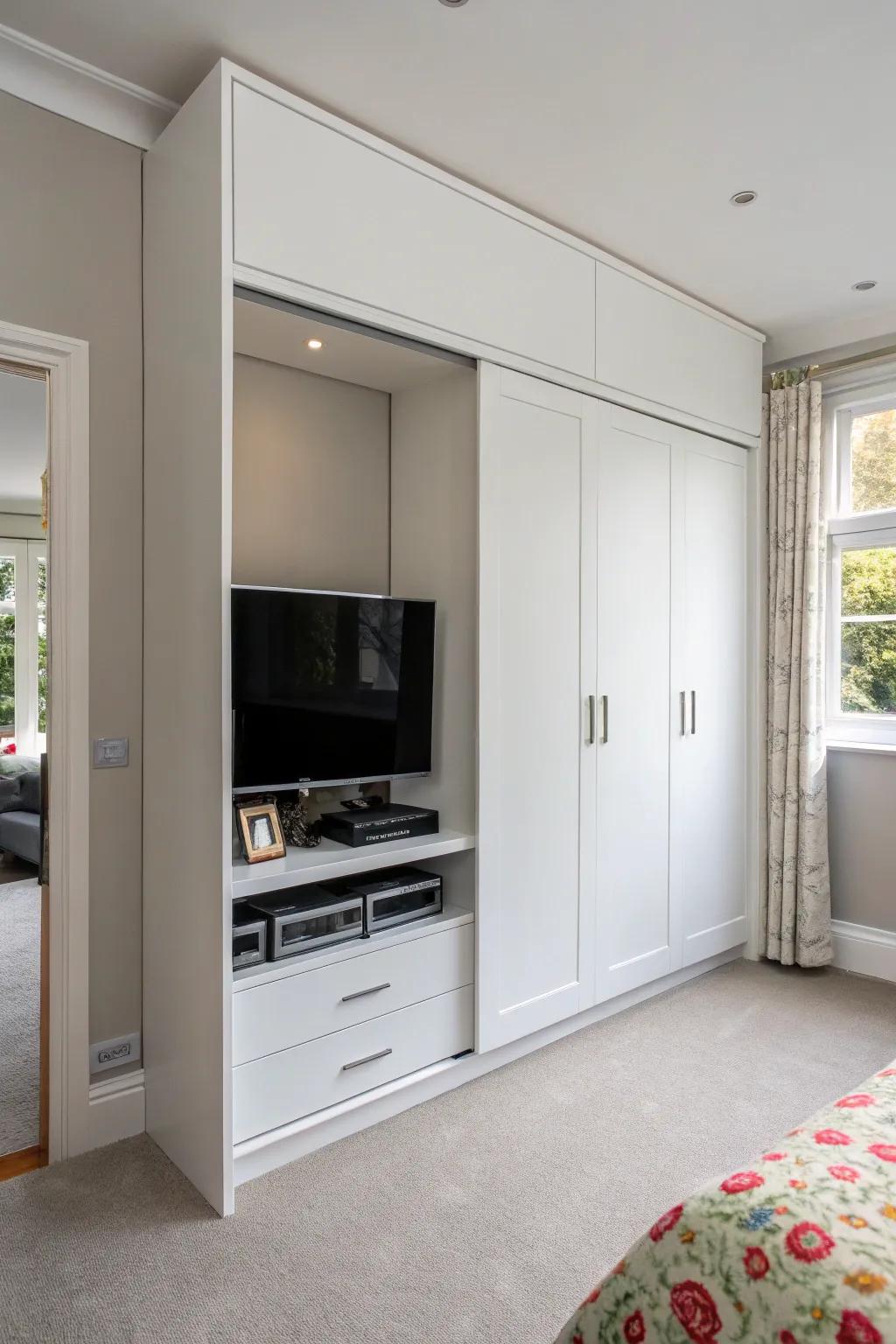 A hidden viewing area maintains a sleek and tidy bedroom.