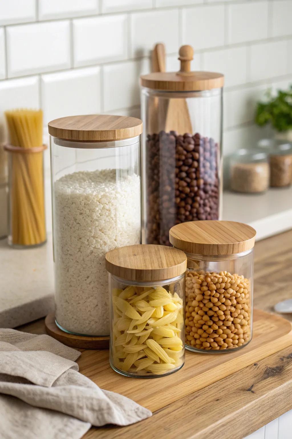 Glass bins that look good offer storage that is practical.