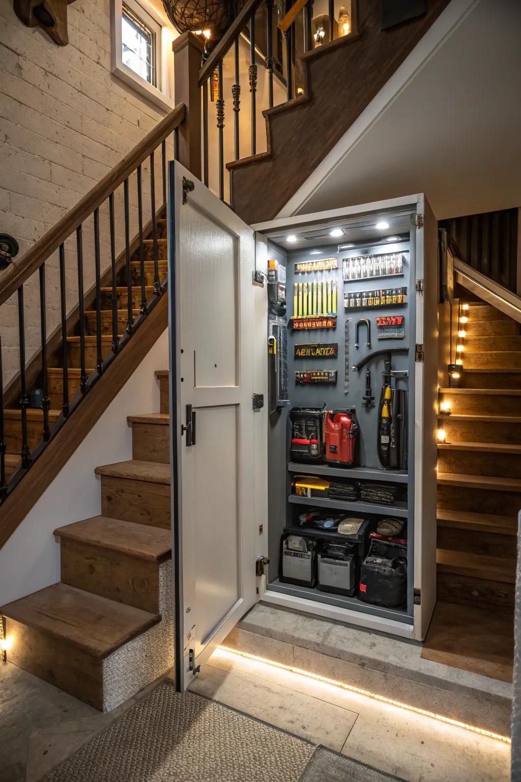 Discreet elegance with a concealed hideaway within a stair bulkhead.
