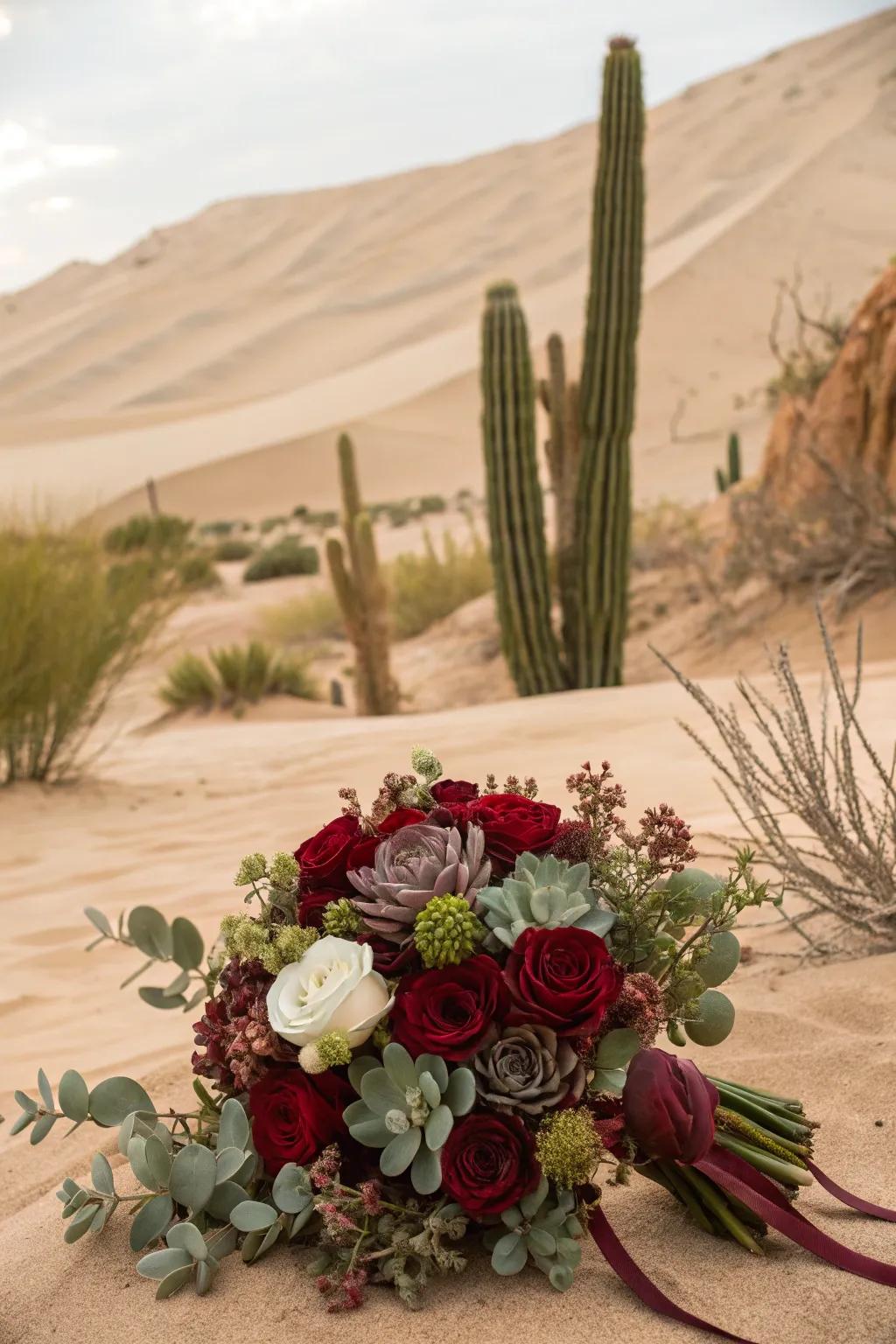 Burgundy bouquet featuring unique succulent touches.