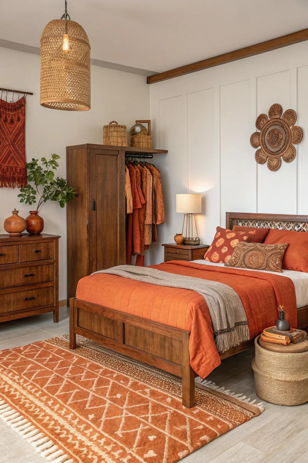 Warm wood tones naturally harmonize with accents of burnt orange, creating a seamless aesthetic.
