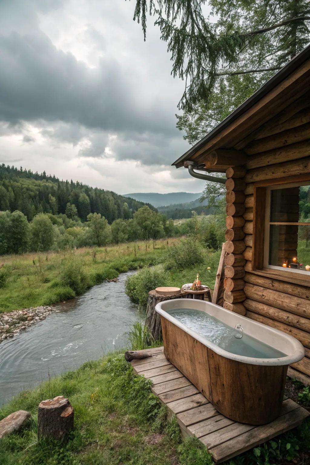 Lavish alfresco ablution retreat by a cabin