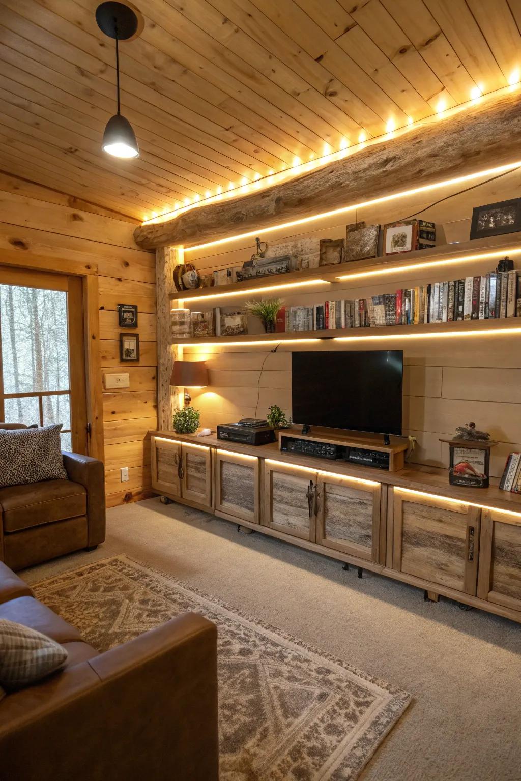 LED strips adding a modern touch to a cabin interior.