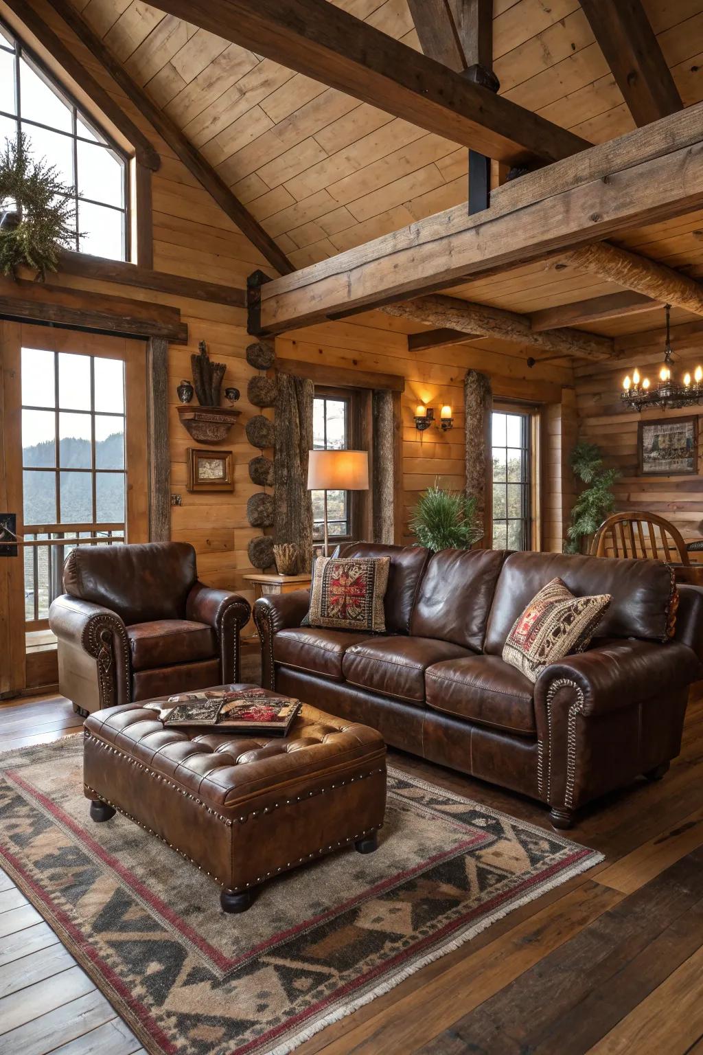 Rugged elegance is brought to the room with leather furniture.