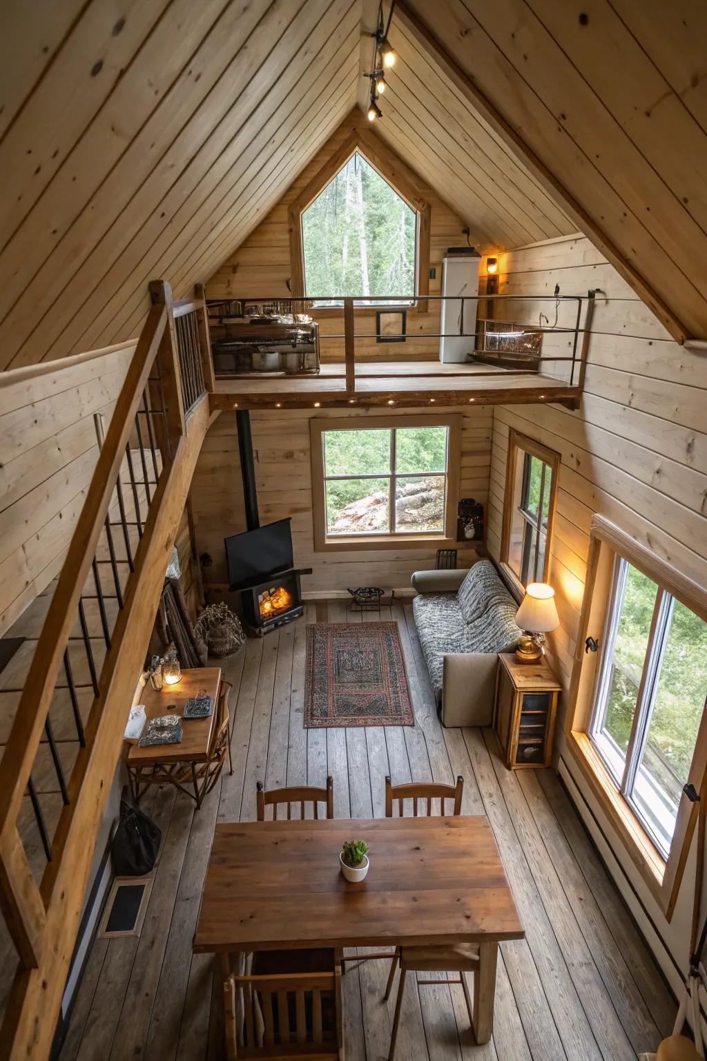 An upper space cleverly maximizes the cabin's vertical space.