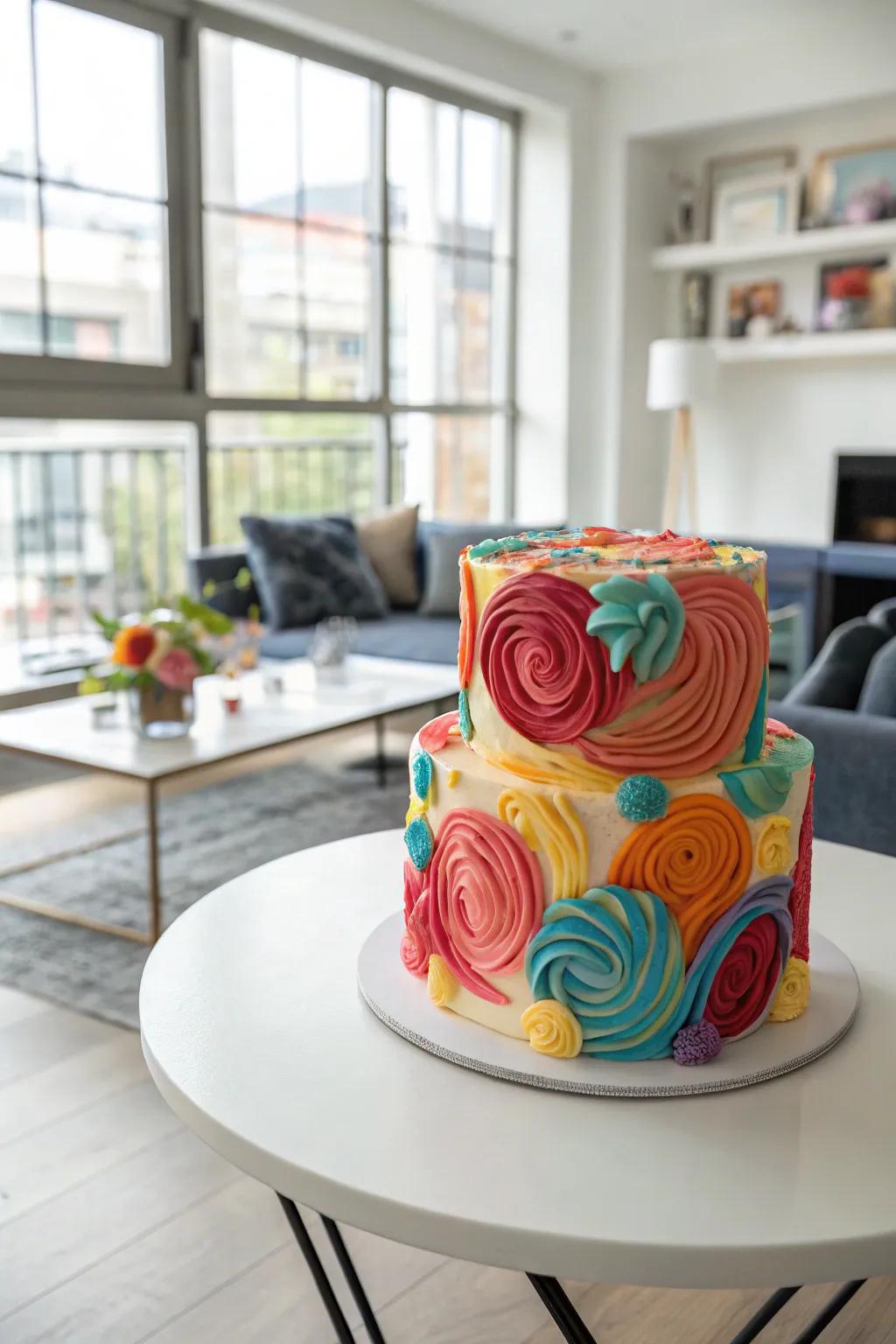 Distinct abstract buttercream artistry fashioning a creative cake