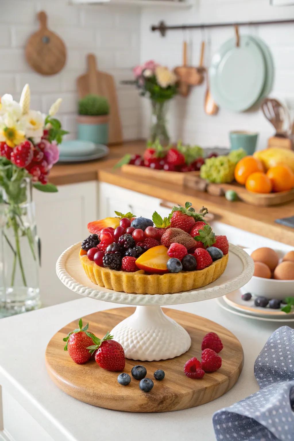 A vibrant fruit display on a cake stand adds color and freshness.