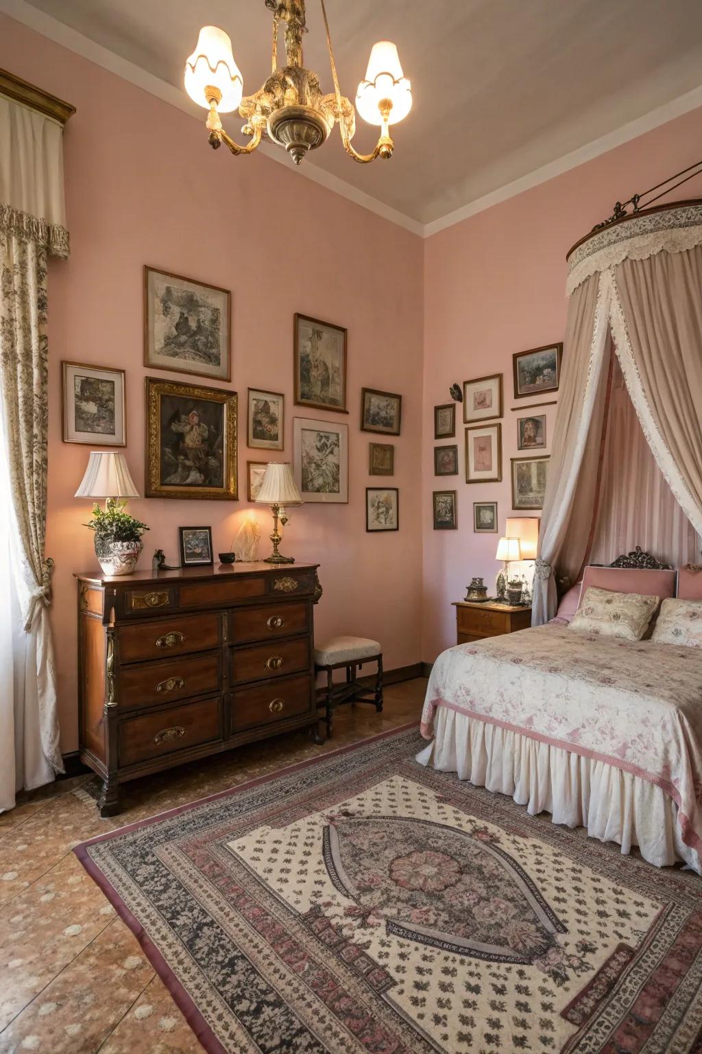 Faded rose walls provide warmth and a vintage feel.