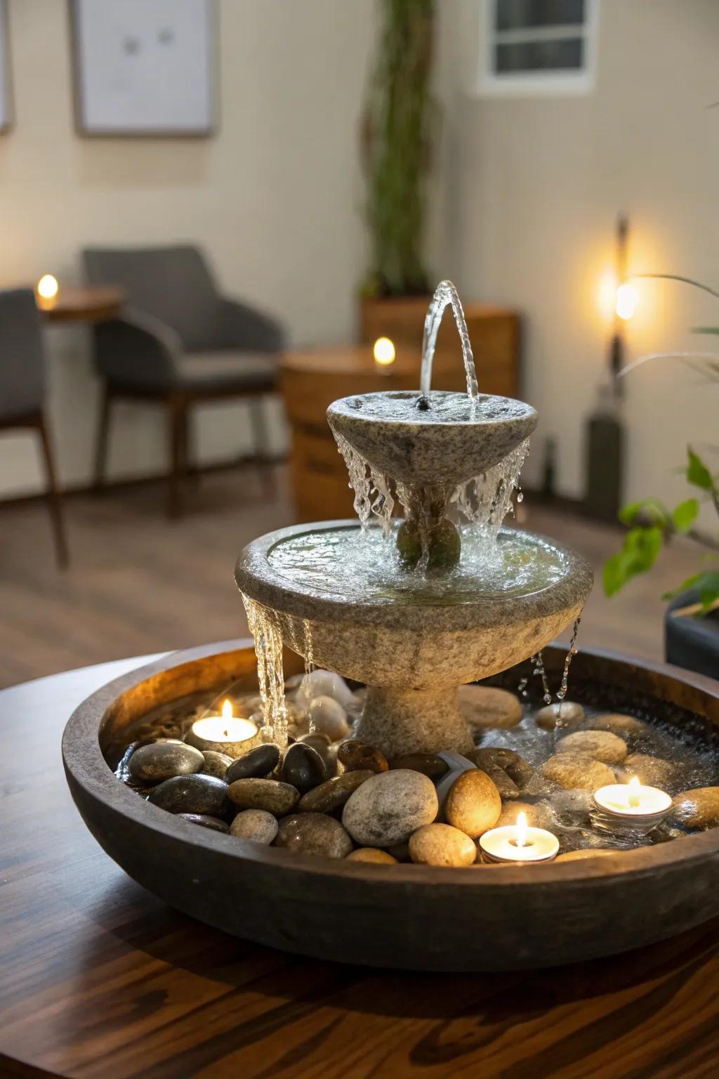 A small liquid feature adding serenity to the space.