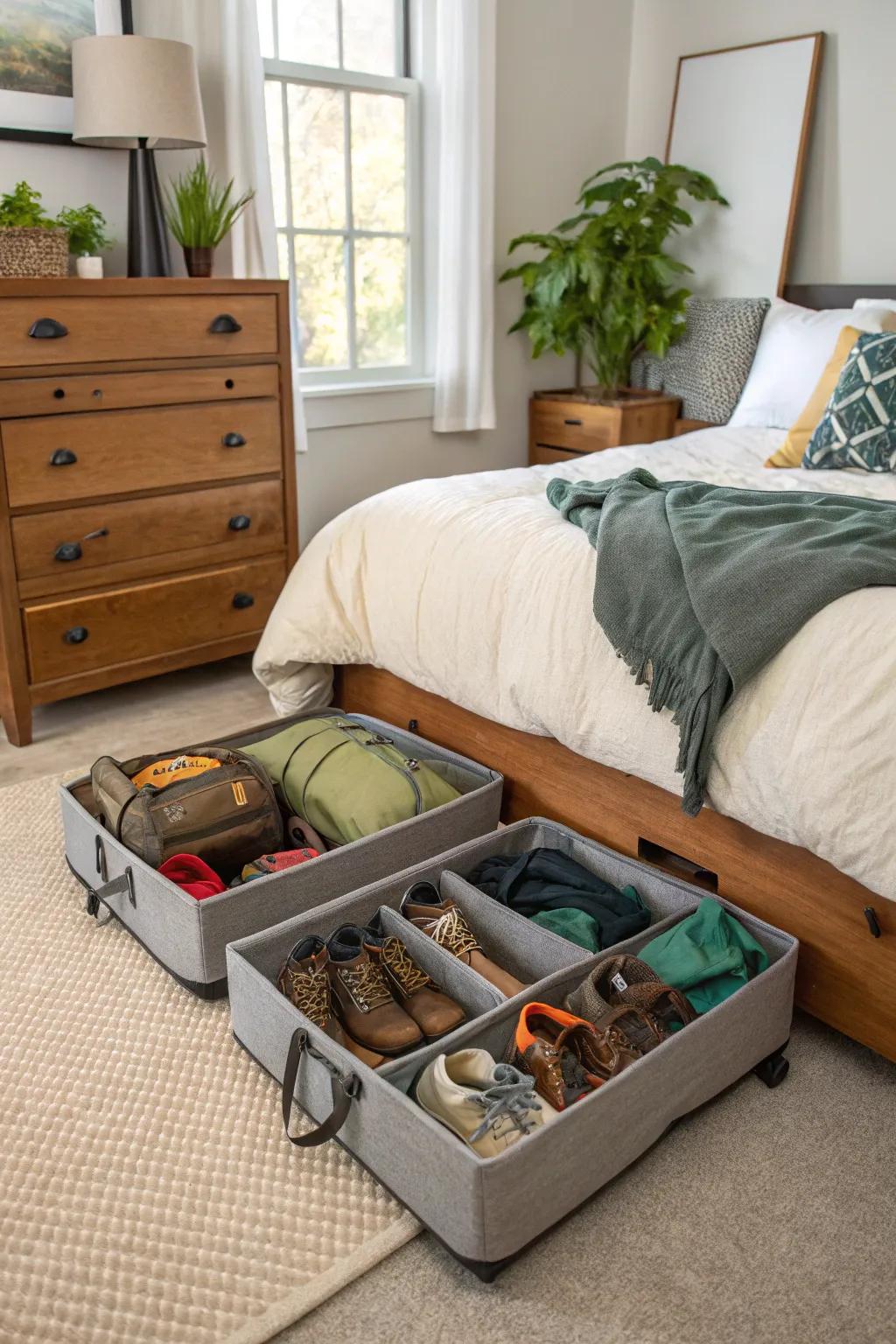 Under-bed organizing delivers a discreet solution for bulky camping equipment.