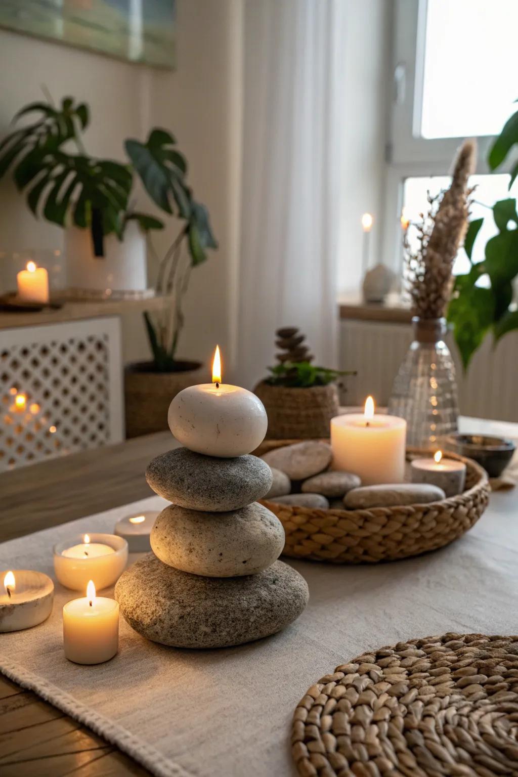 Candles on stones offer a tranquil and Zen-like centerpiece.