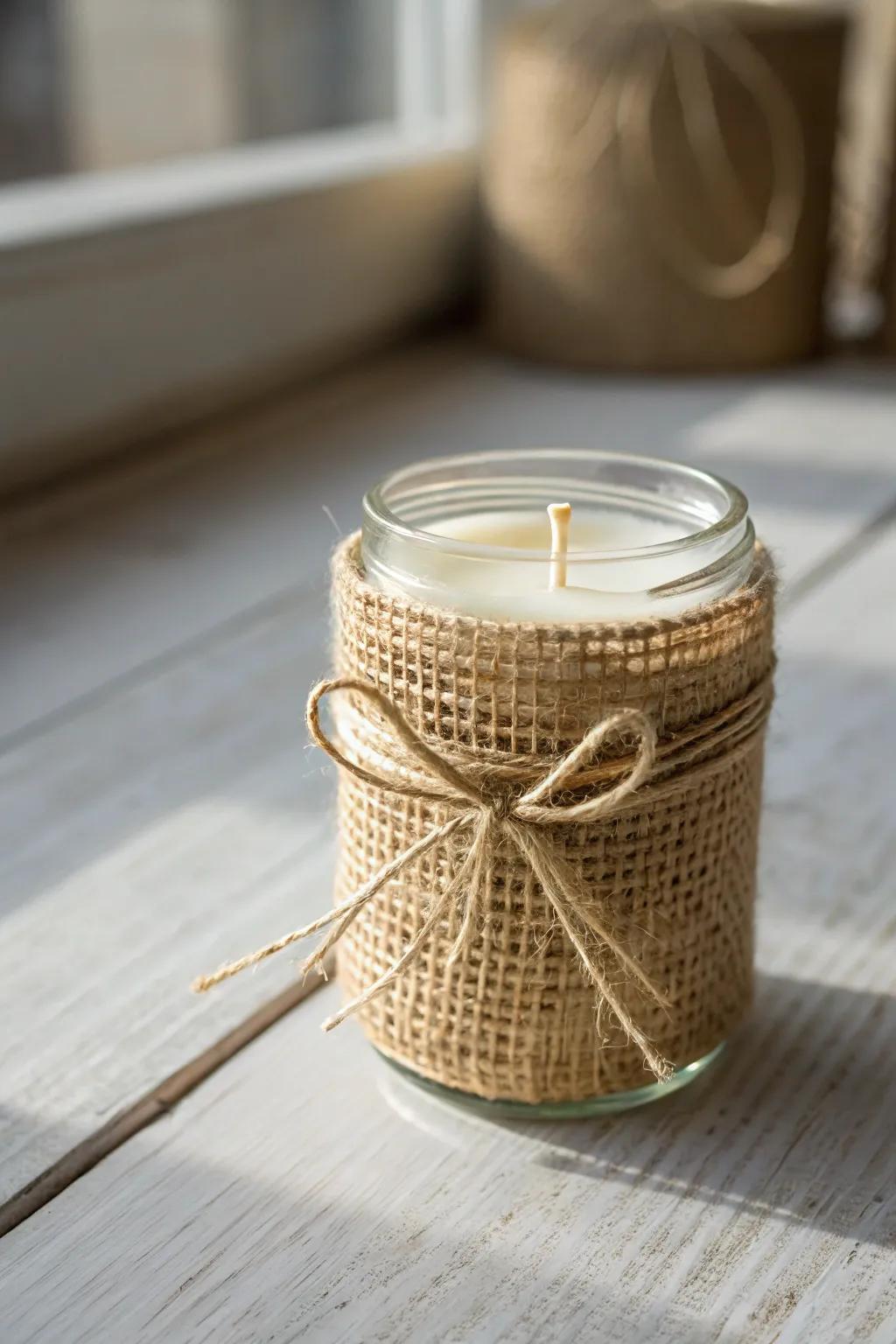 Embrace countryside elegance via a sackcloth-wrapped candle container, suited to comforting autumnal vibes.