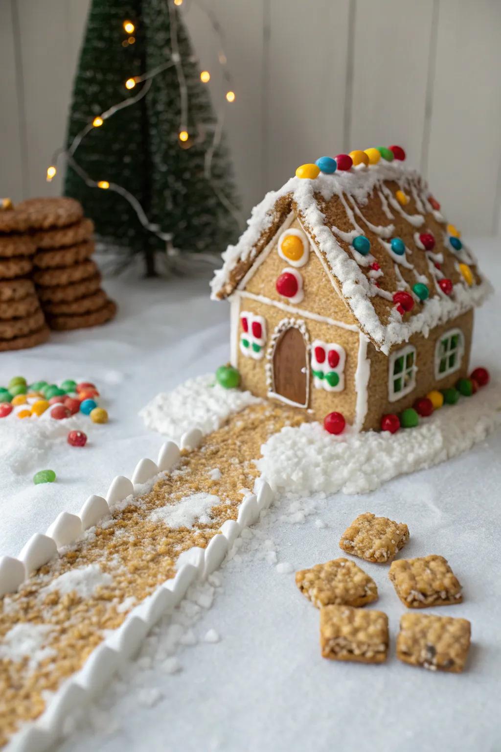 A rustic walkway made from crushed rice cereal leading to the gingerbread house.