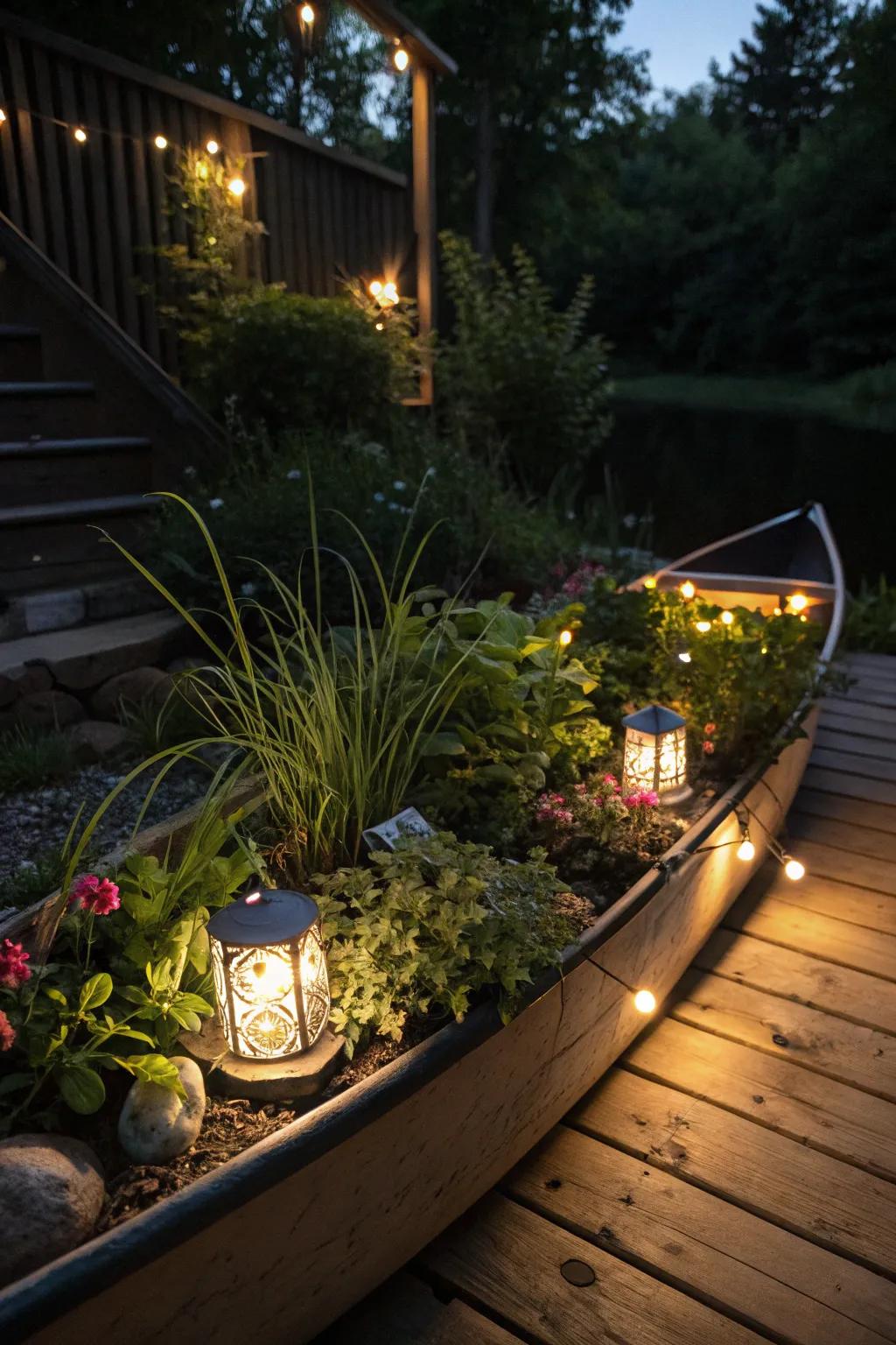 Solar lights transform a boat planter into a glowing nighttime feature.