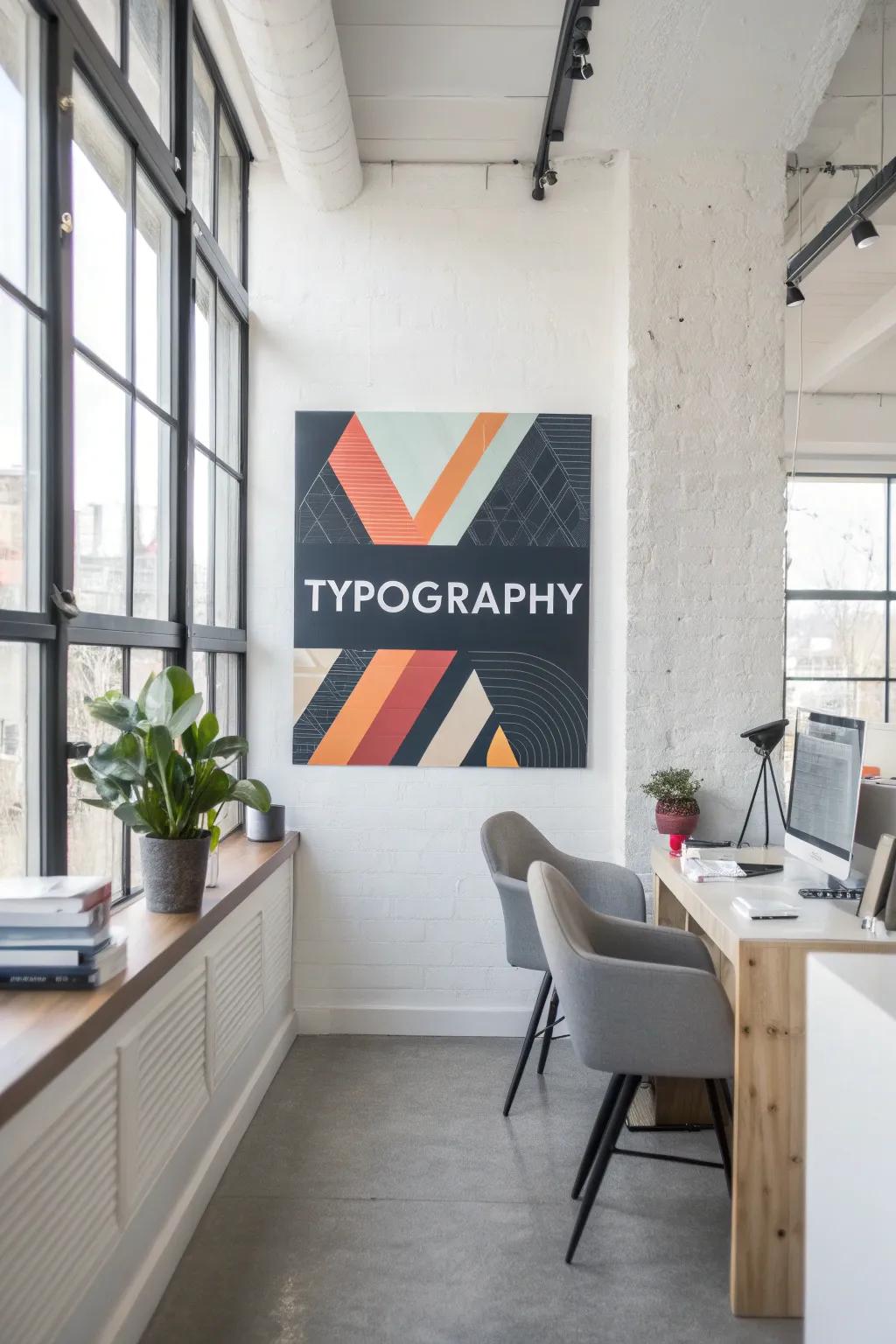Lettered canvas displayed within an office area