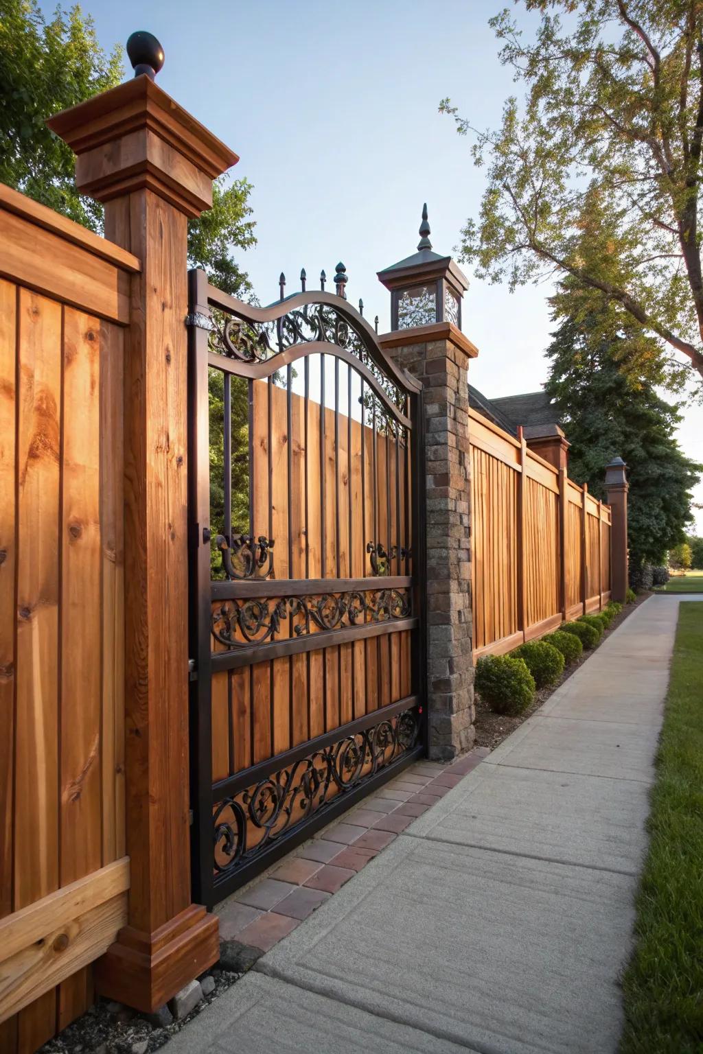 Strength meets sophistication in this timber surround with elegant wrought iron doors.