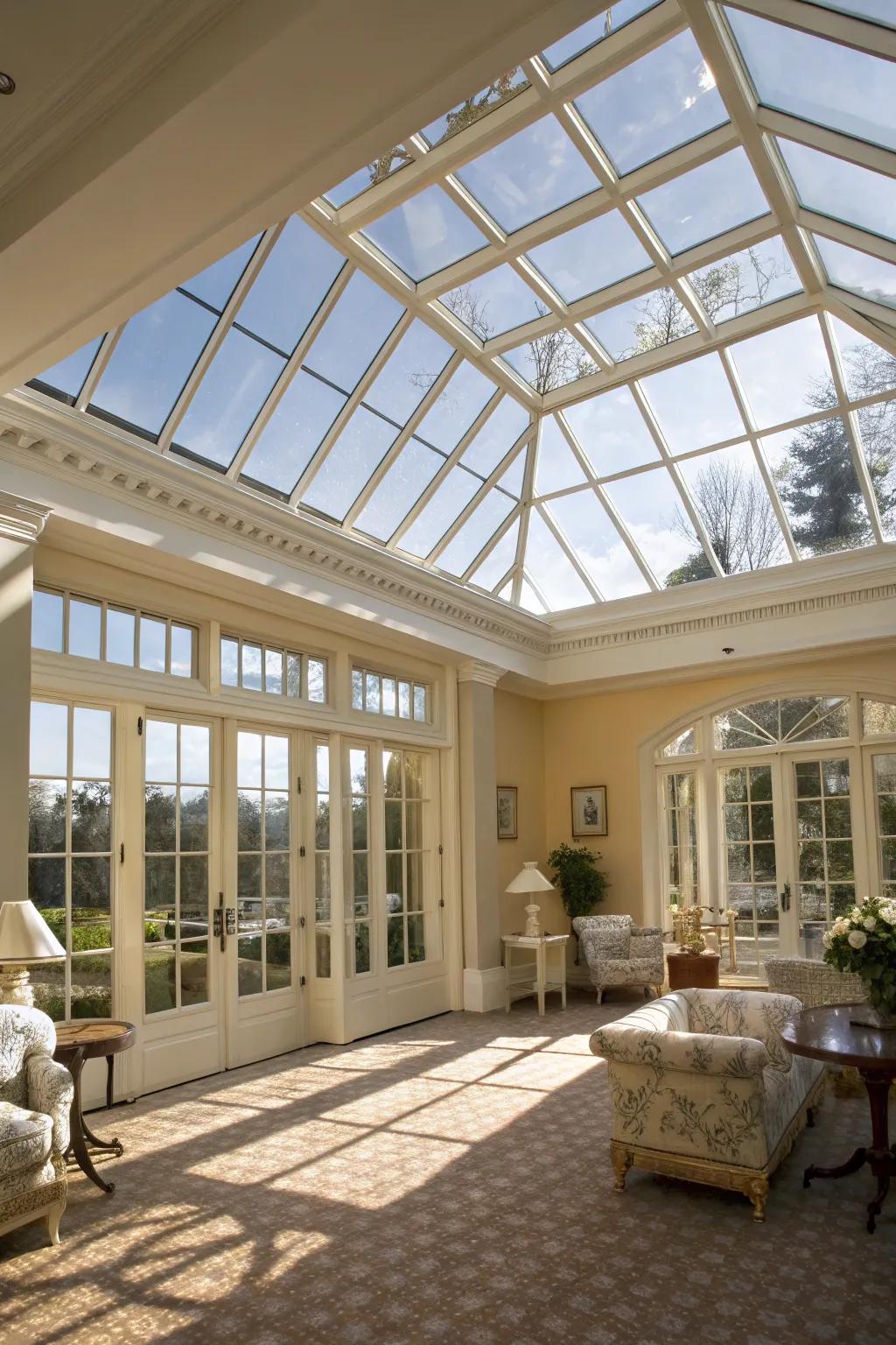 Glass ceiling panels create an airy and open ambiance.