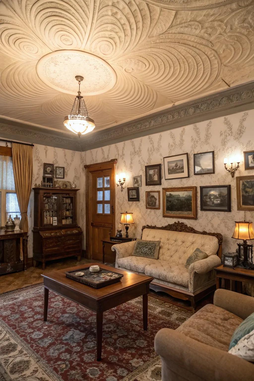 Add nostalgic charm with a vintage swirled ceiling texture.