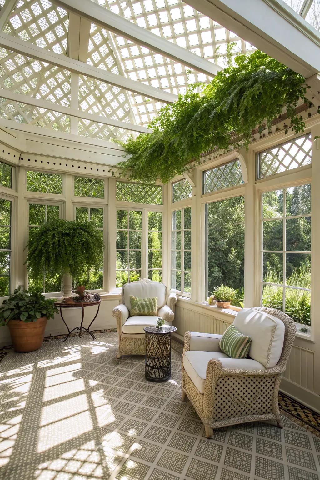 Latticework ceilings add garden-inspired charm.