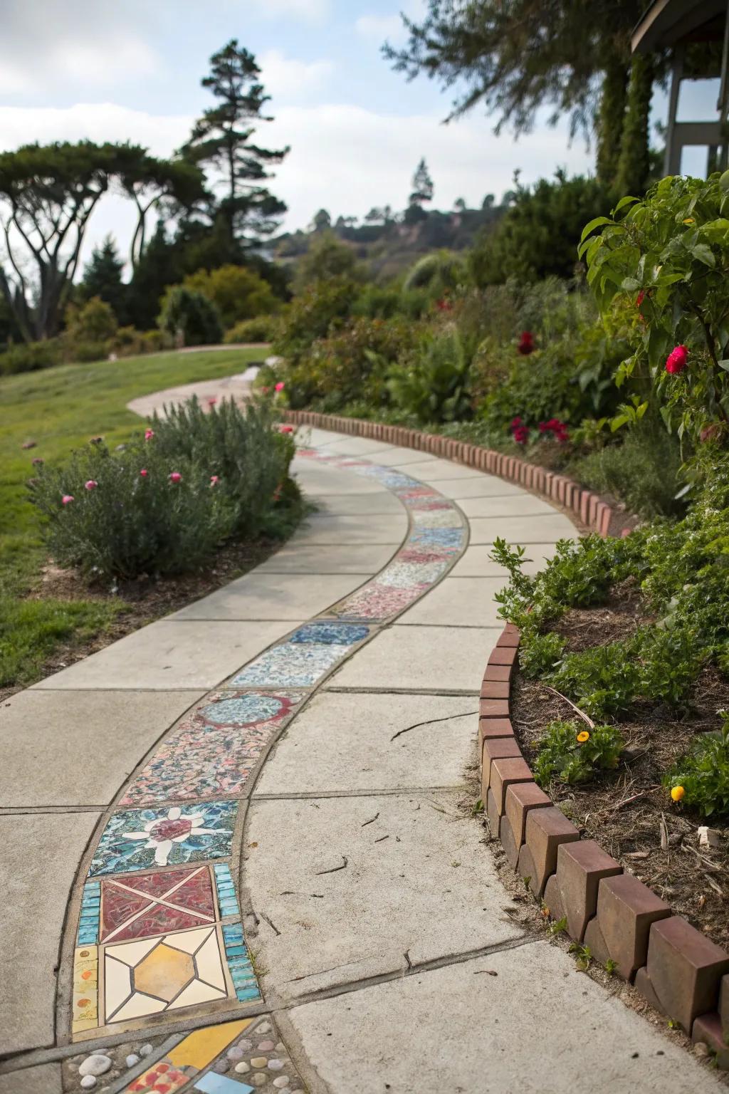 Mosaic segment accents in a concrete walkway, injecting an artistic flair.