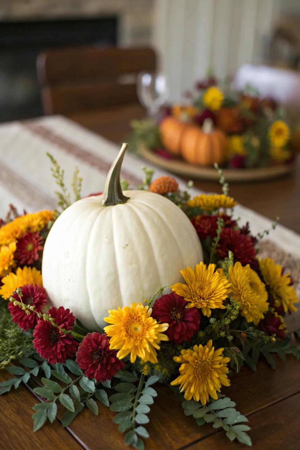 White squash centerpiece for a fall-inspired bridal shower.