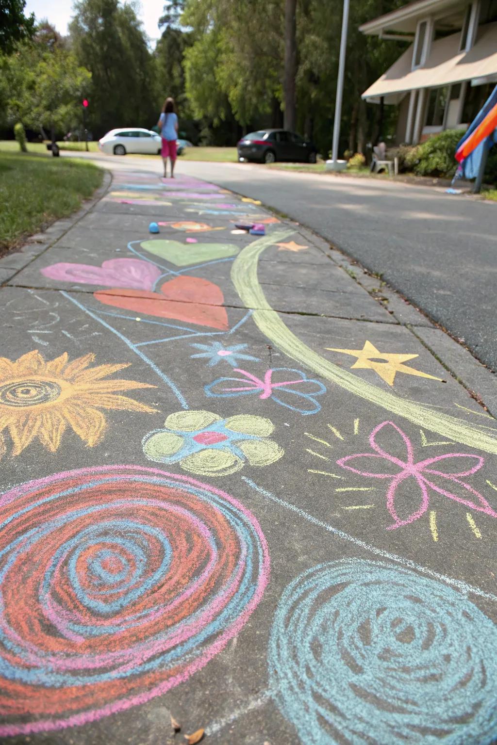 A vibrant abstract chalk art piece filled with energy and color.