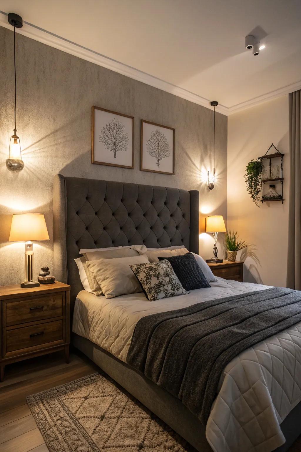 Gentle lighting enhances the cozy ambiance of a dark grey headboard.