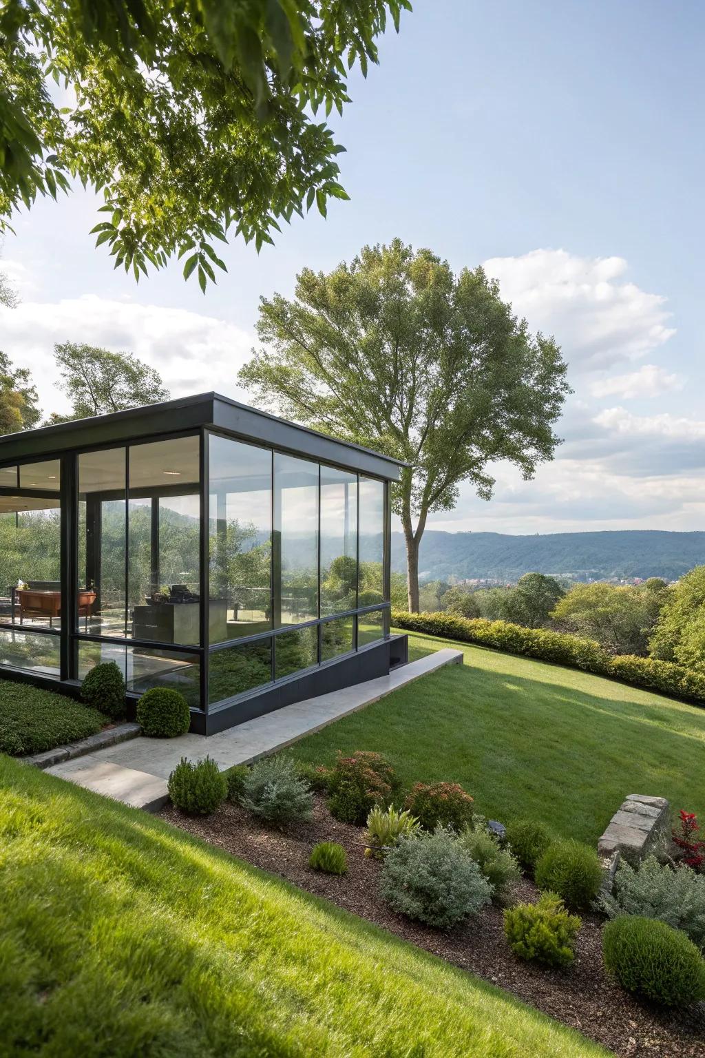 An elegant crystal house offering breathtaking views and natural light.
