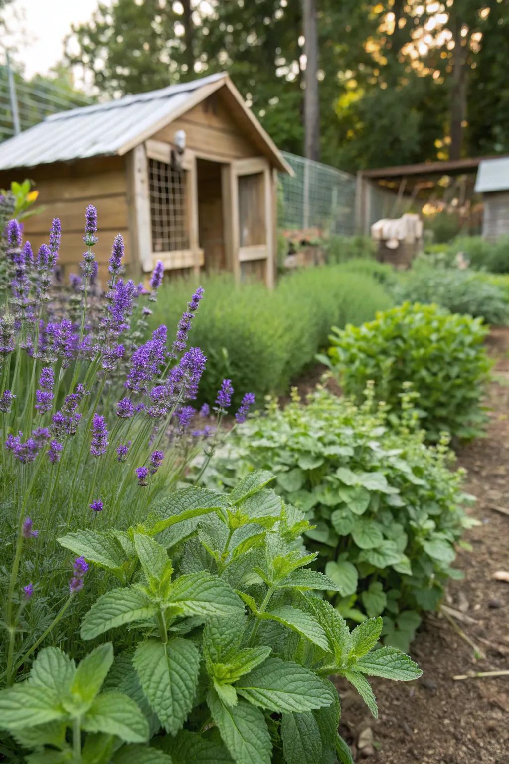 Herb patches incorporate greenery and help repel pests naturally.