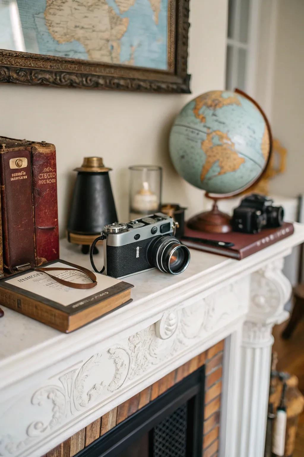An eclectic assemblage upon the mantel reflects personal style and passions.