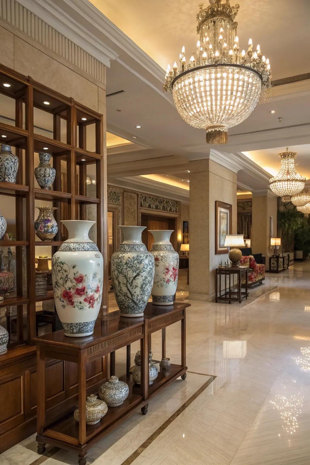 Cultural details through vases and pottery enhancing the entrance's decor.