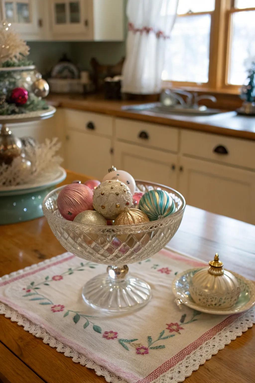 Timeless baubles convey nostalgia and charm to the kitchen's layout.