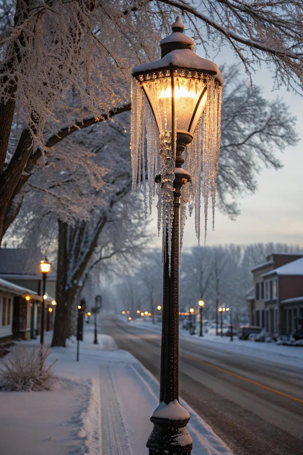 Shimmering icicles infuse a magical nuance into a lamp post.