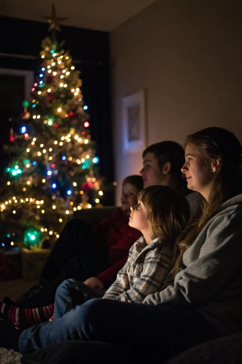 A hushed and tranquil family instance by the holiday tree.