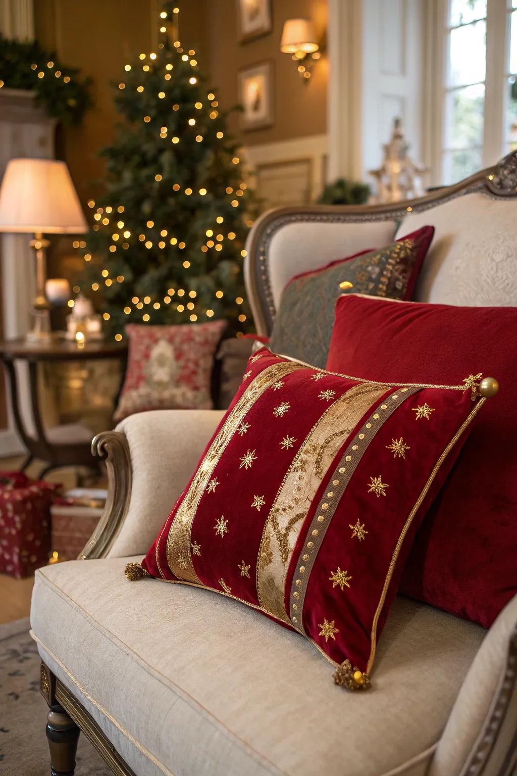Velvet cushions contributing a luxurious nuance to holiday decor.