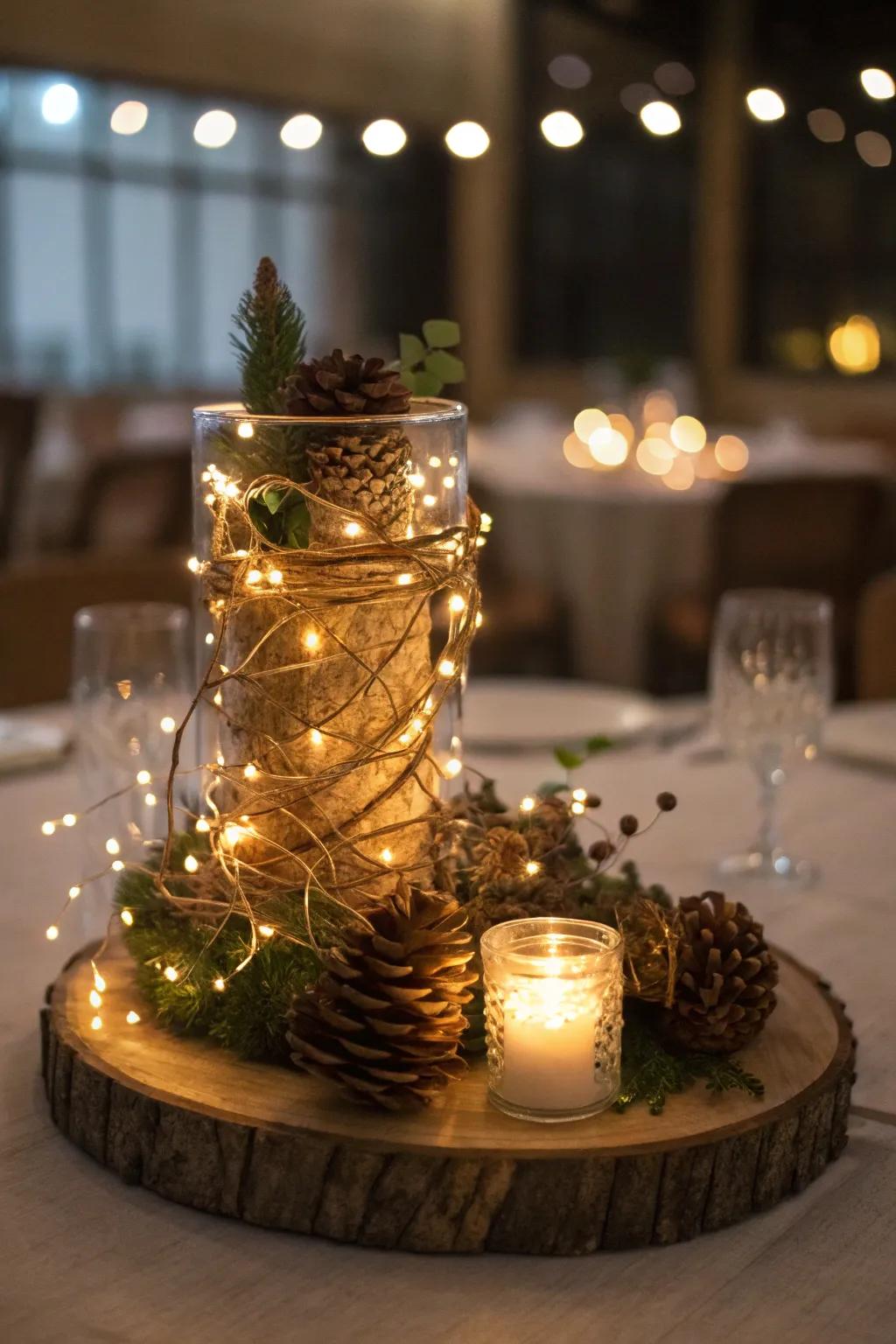 Twinkling lamps add a welcoming shimmer to the focal point.