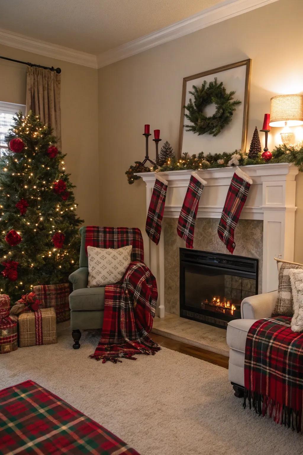 Checkerboard celebration featuring snug holiday decorations.