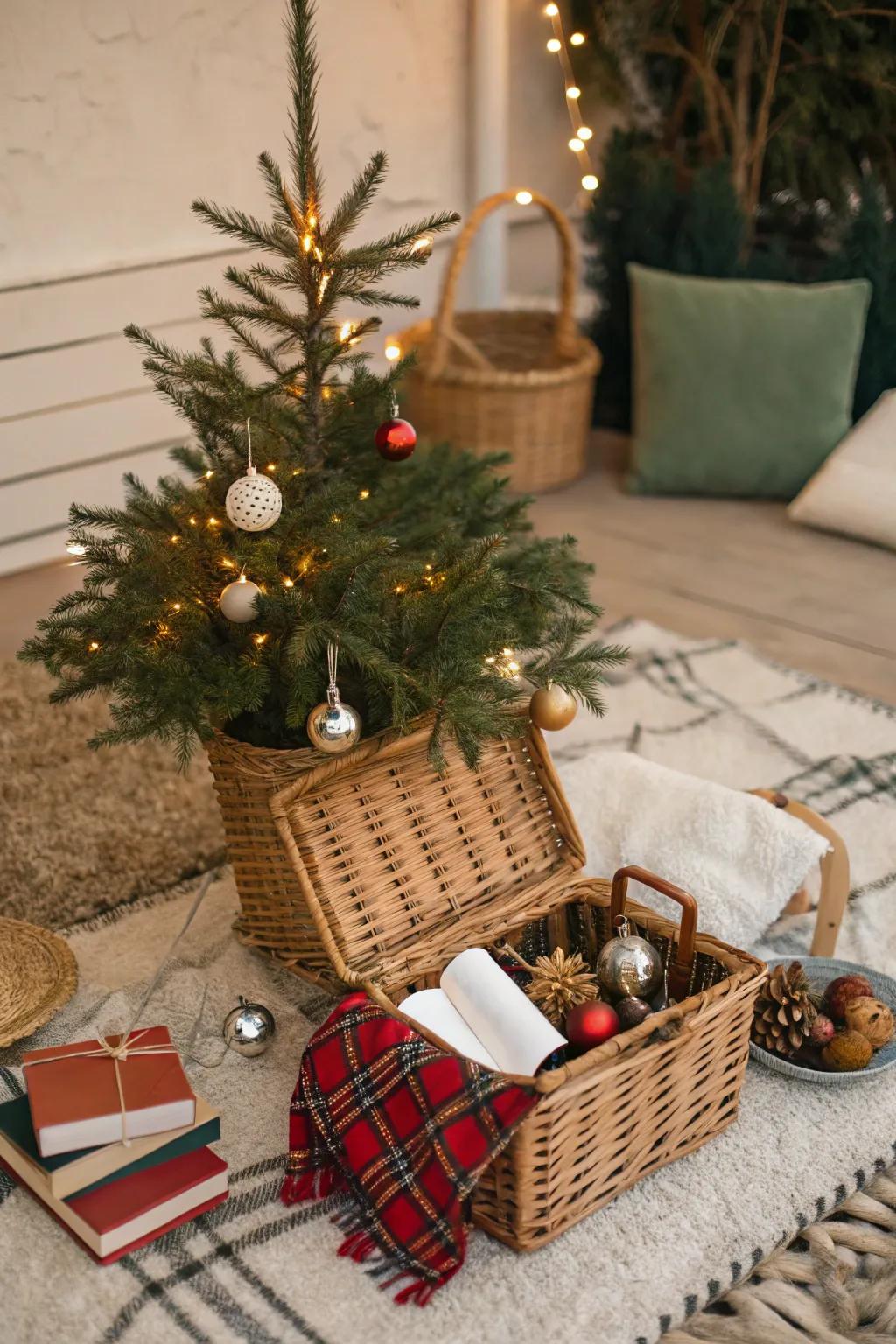 A leisure basket appends a playful accent to your tree's base.