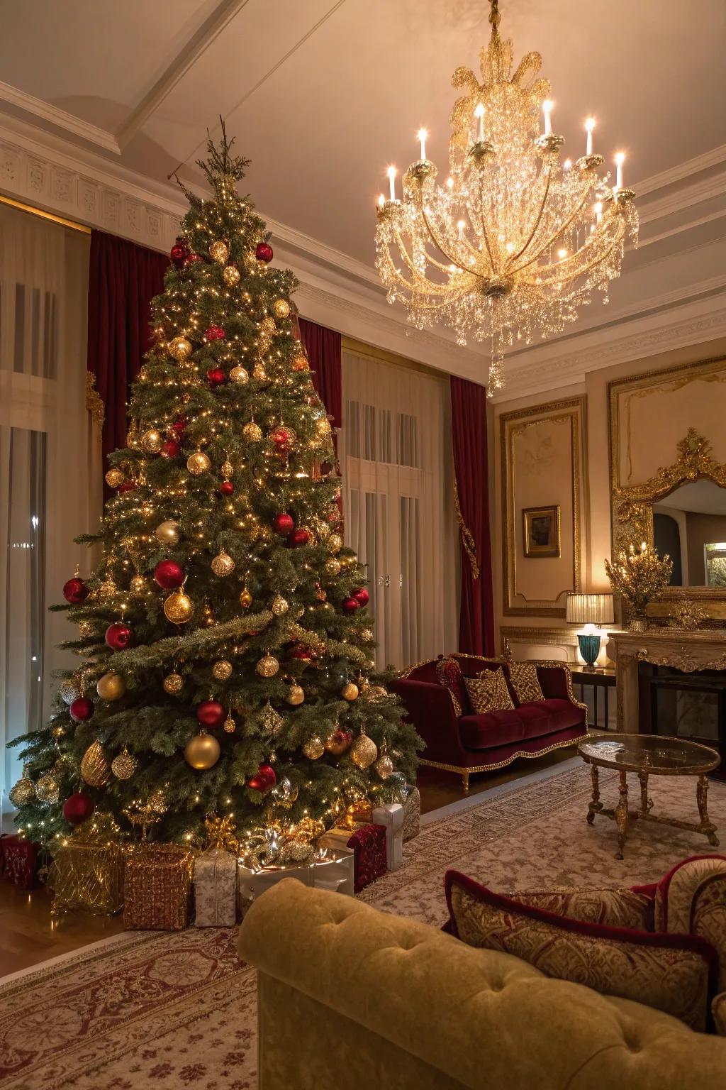 An opulent Christmas tree featuring auric highlights and colored illuminations, cultivating a glamorous holiday display.