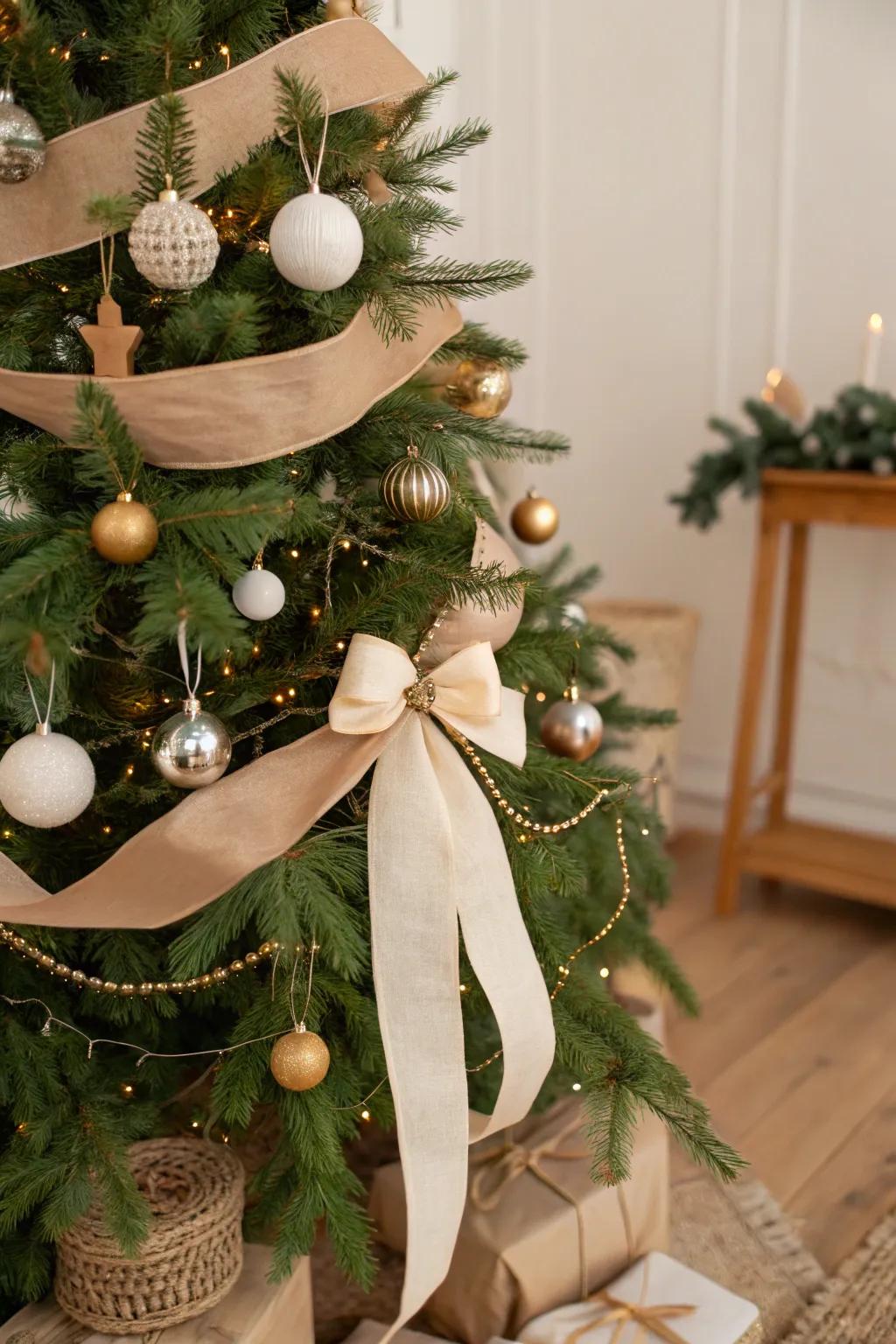A Christmas tree with eco-conscious ribbons, displaying sustainable elegance.