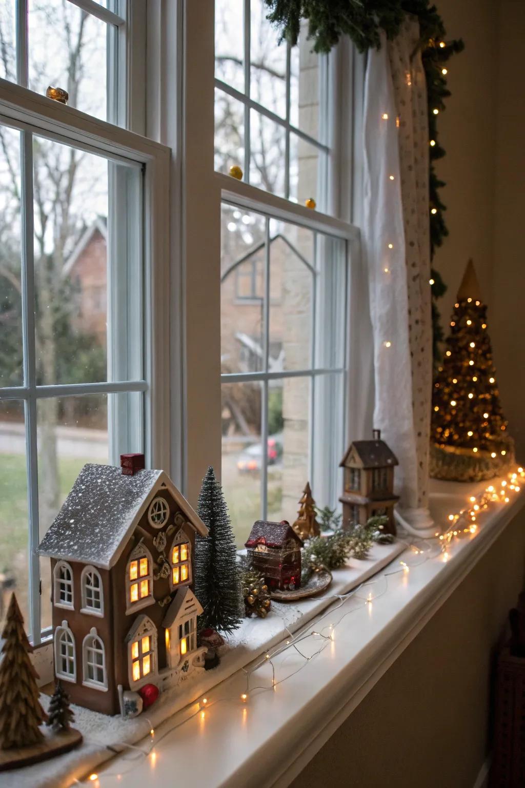 A windowsill provides a perfect stage for a charming Christmas village.