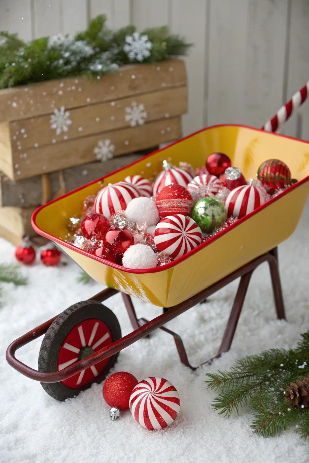 A candy stick wheelbarrow adds a sweet touch to the holidays.