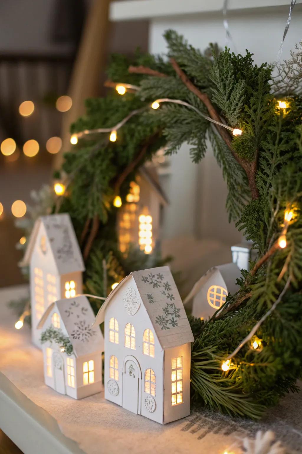 An enchanting paper village wreath with miniature homes and sparkling lights.