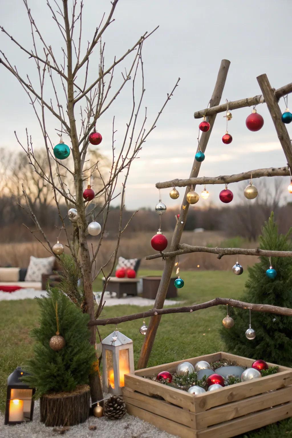 A DIY exterior trinket presentation with limbs and baubles.