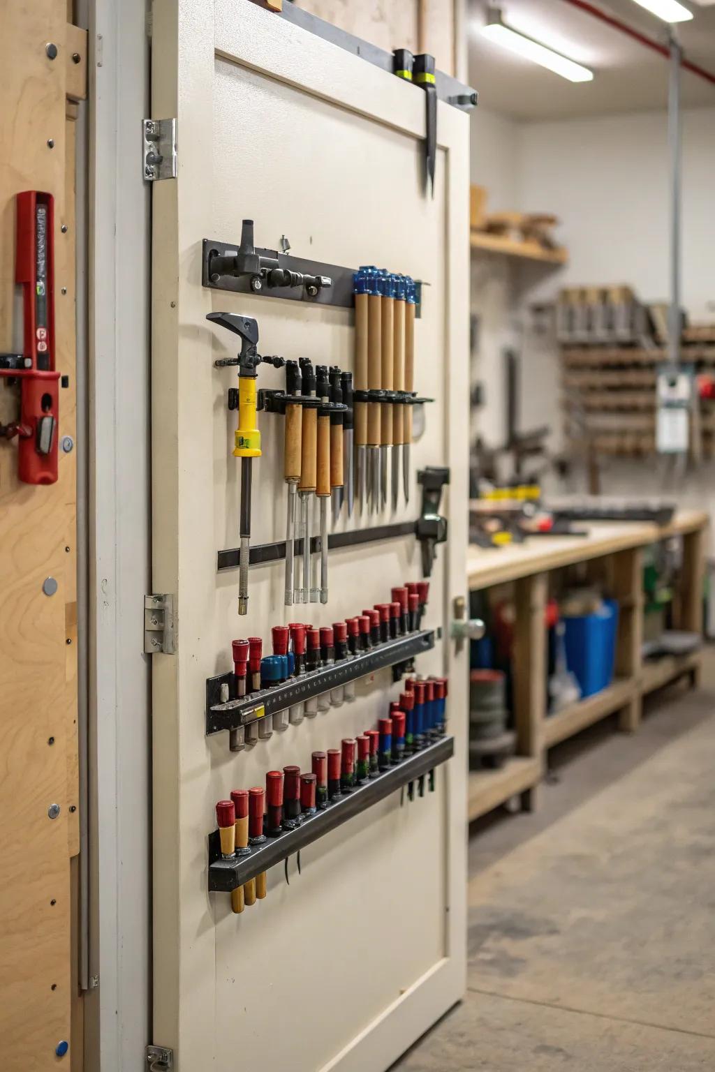 Door-mounted arrangement efficiently utilizes often-overlooked space.