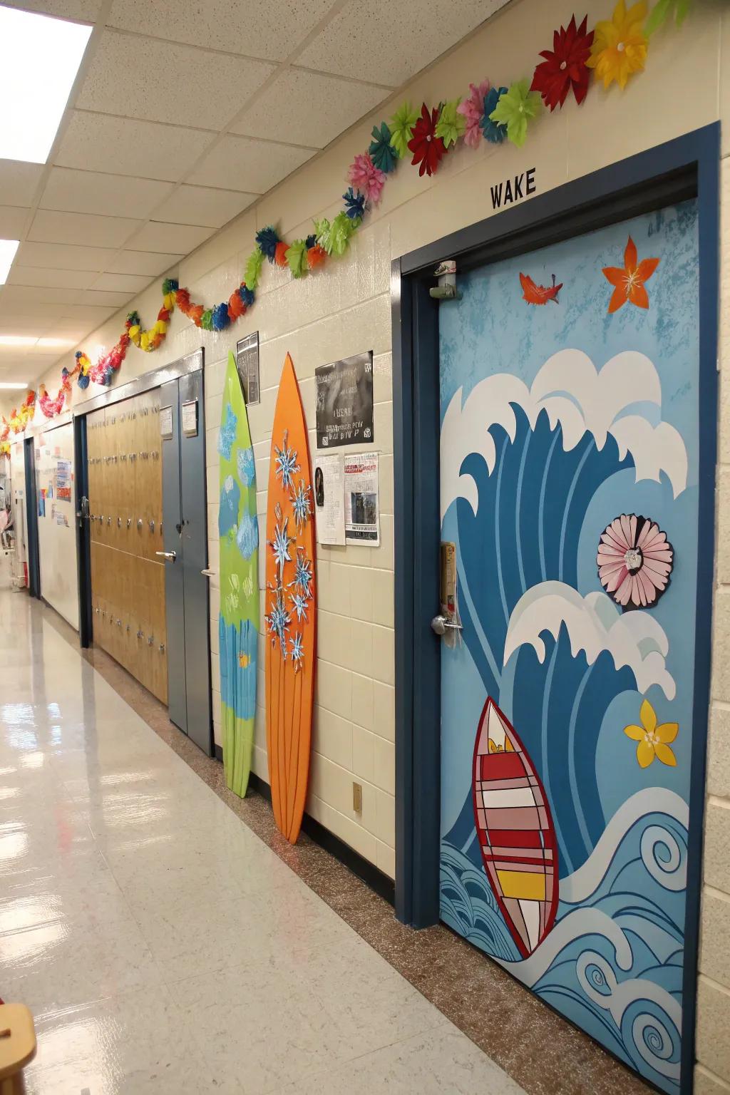 A flatboat-themed learning space doorway showcasing flatboats and undulations.