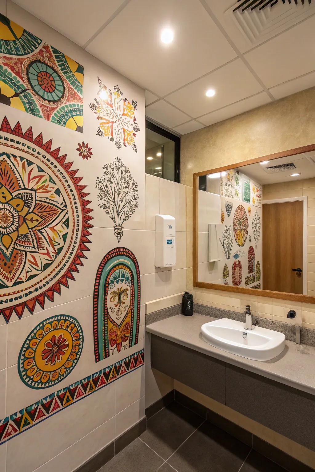 A bathroom enriched with culturally inspired art that tells a personal story.