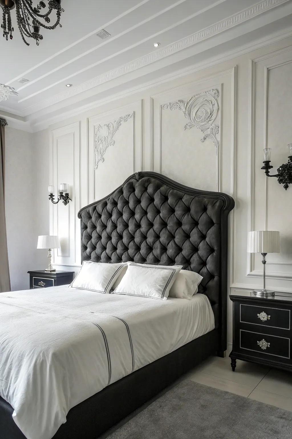 A unique headboard adds a luxurious touch to this stylish space.