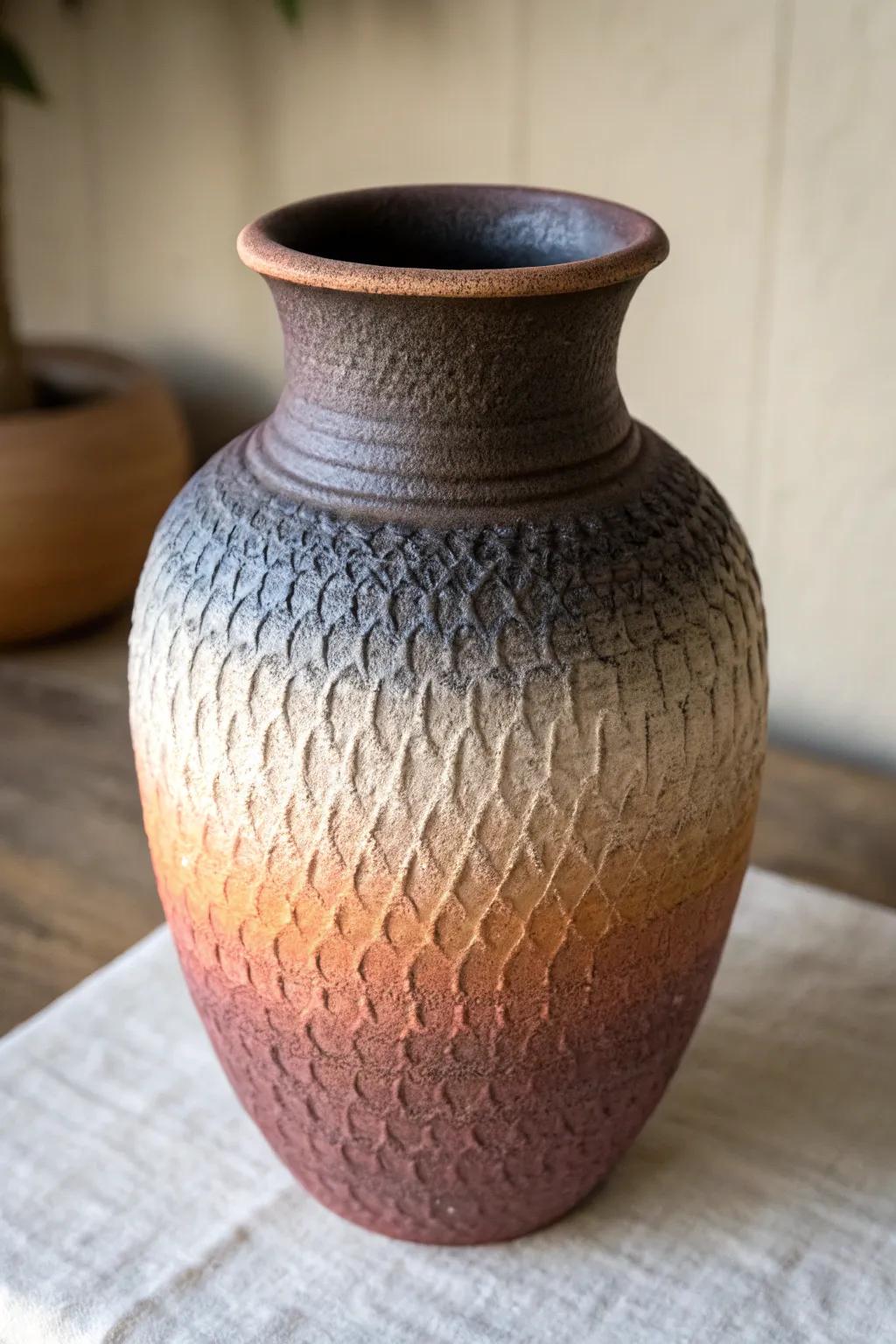 An earthenware holder that features a textured ombre visual, contributing dimension and artistry.
