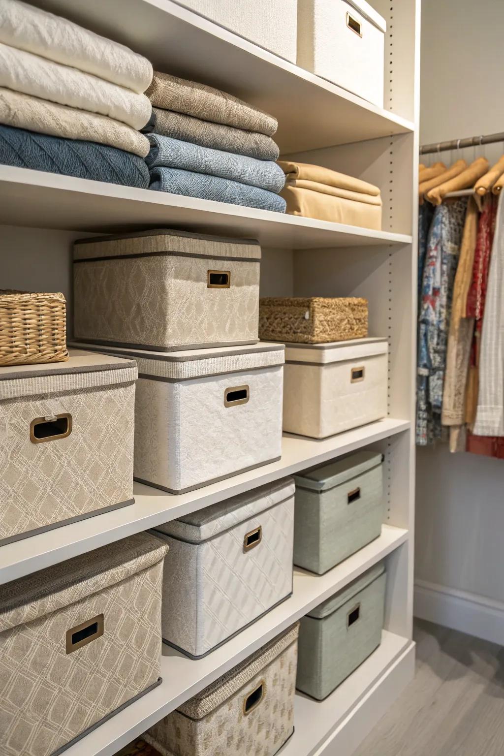 Add softness and class with boxes covered in fabric.